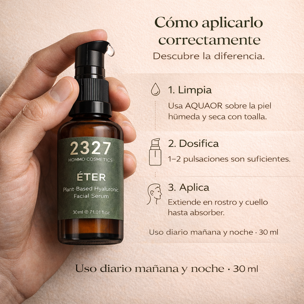 ÉTER · Sérum Facial Hombre con Ácido Hialurónico · Hidratación, Firmeza y Efecto Reafirmante · 30 ml