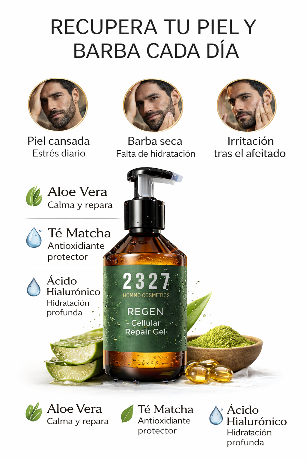 REGEN · Gel Hidratante Facial Hombre · Rostro, Barba, Aftershave y Aftersun · 200 ml