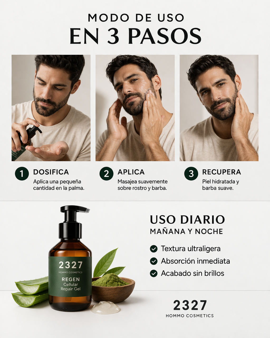 REGEN · Gel Hidratante Facial Hombre · Rostro, Barba, Aftershave y Aftersun · 200 ml