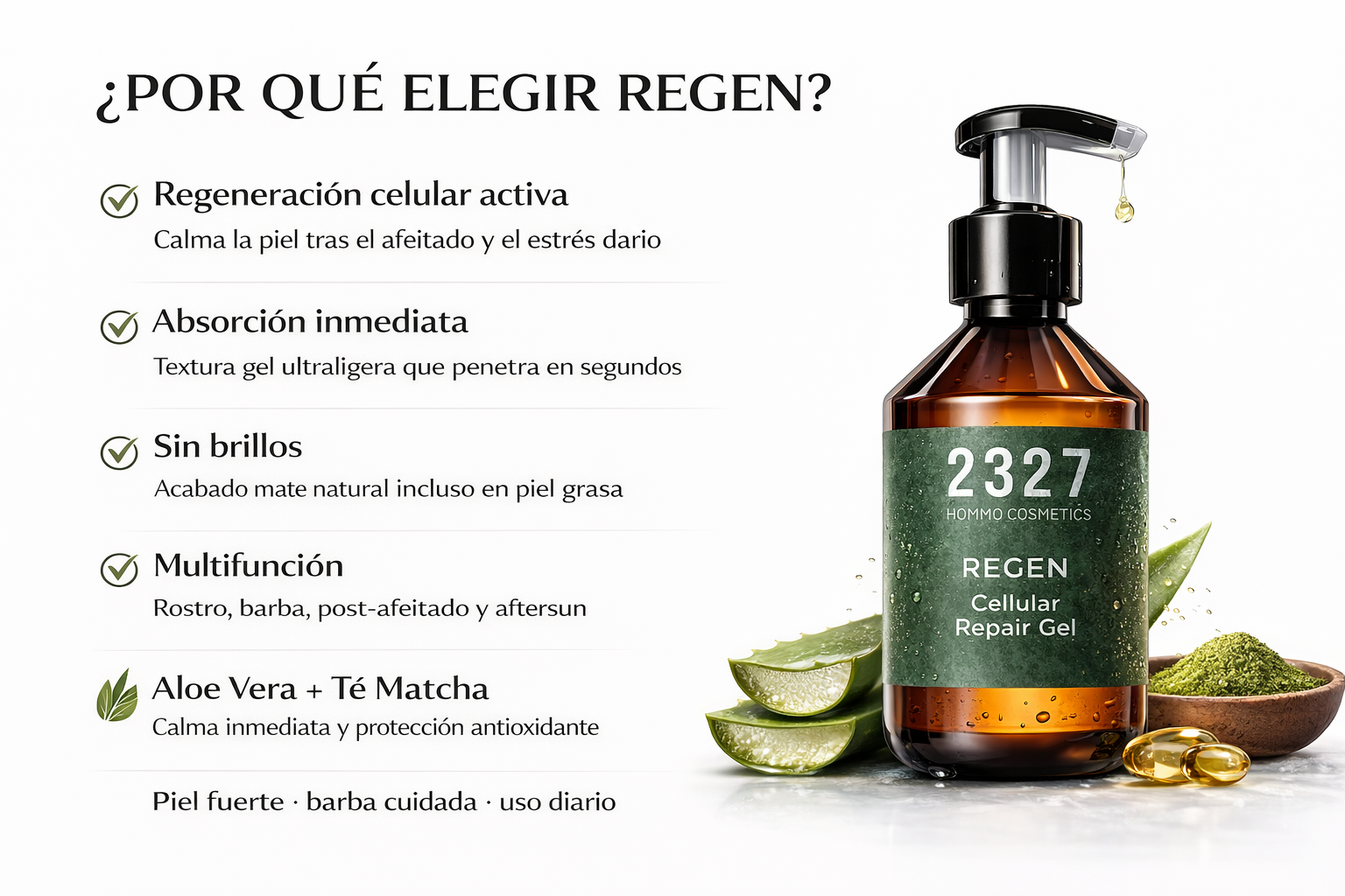 REGEN · Gel Hidratante Facial Hombre · Rostro, Barba, Aftershave y Aftersun · 200 ml