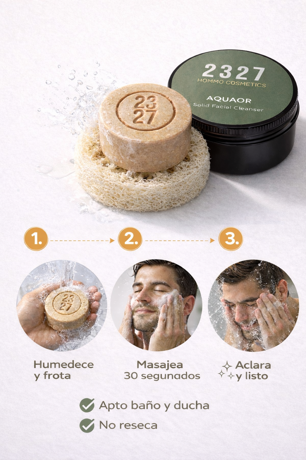 AQUAOR · Limpiador Facial Sólido Hombre · Limpieza Profunda sin Resecar · 80 g
